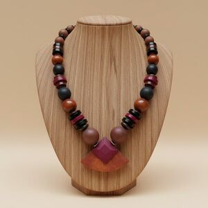 Vintage Boho Statement Necklace Wood Beaded Tribal Geometric  Beaded Necklace